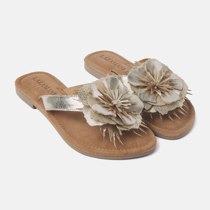 Gold flower flip flops 