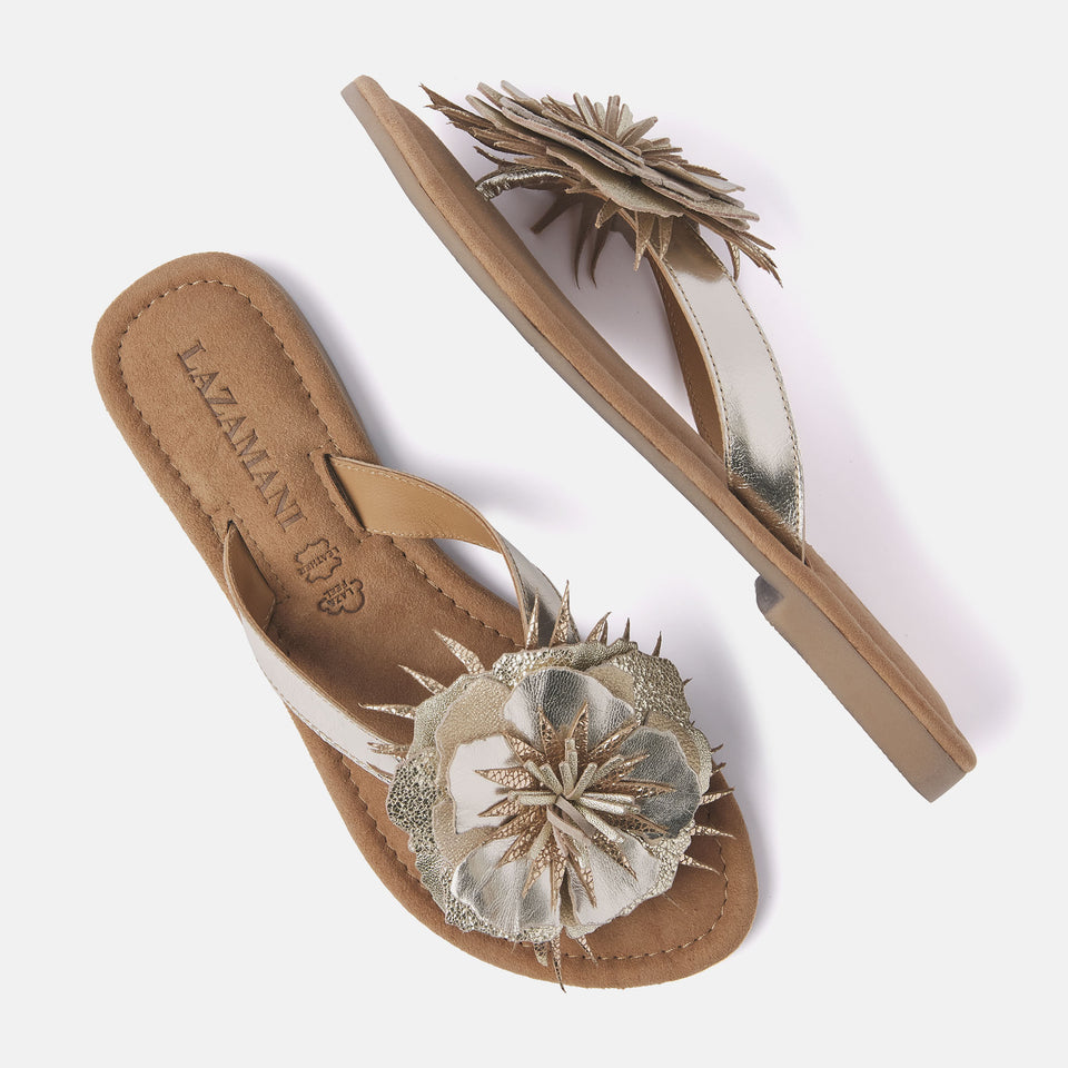 Gold flower flip flops 