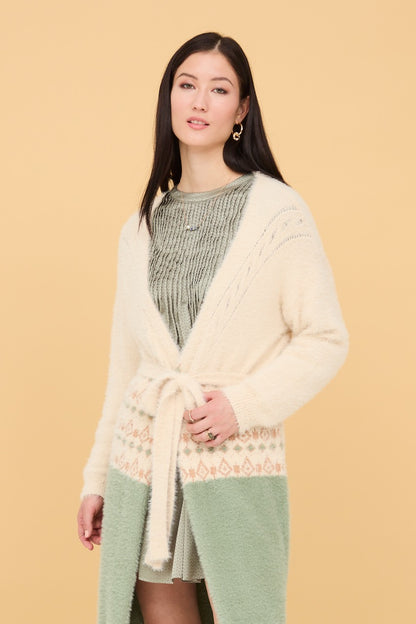 Cardigan lungo effetto etnico verde