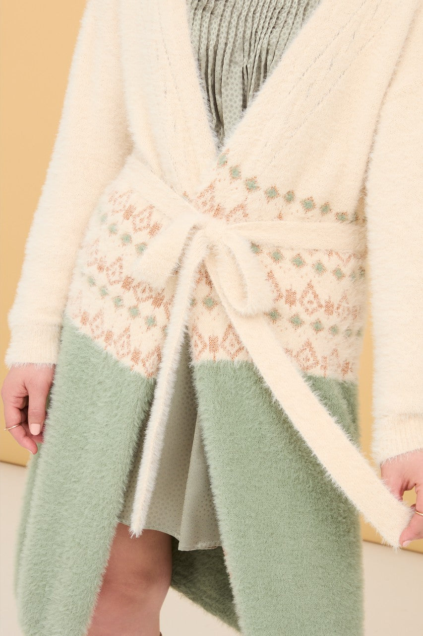 Cardigan lungo effetto etnico verde
