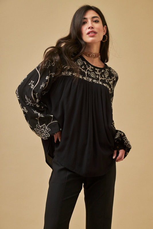 Blusa con arricciatura ricamo floreale