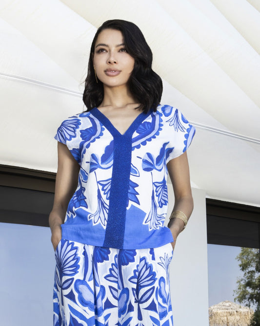 Maglia stampata con inserti in lurex bluette