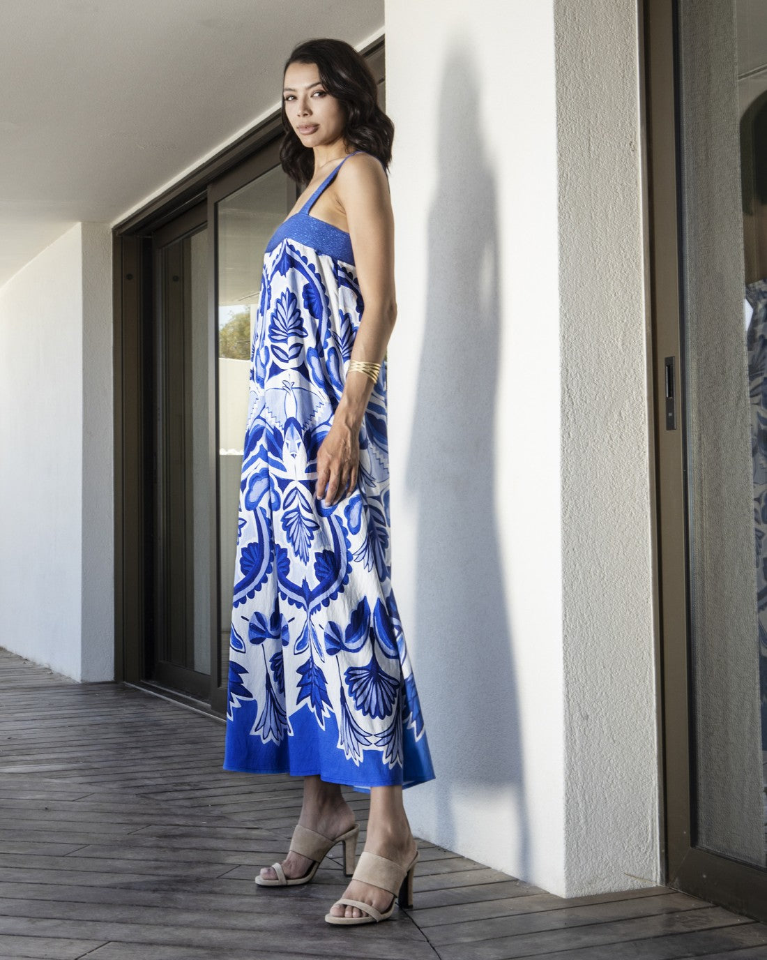 Abito fantasia con scollo quadrato e intarsi in maglia lurex