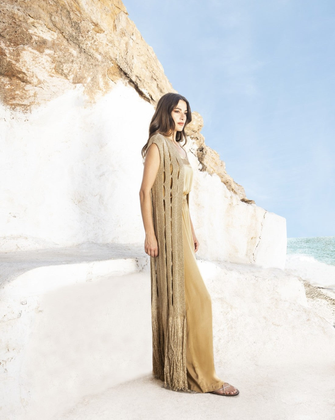 Gilet lungo in maglia lurex bronzo