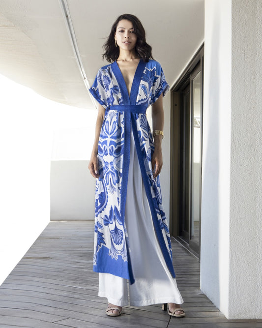 Kimono lungo fantasia blu