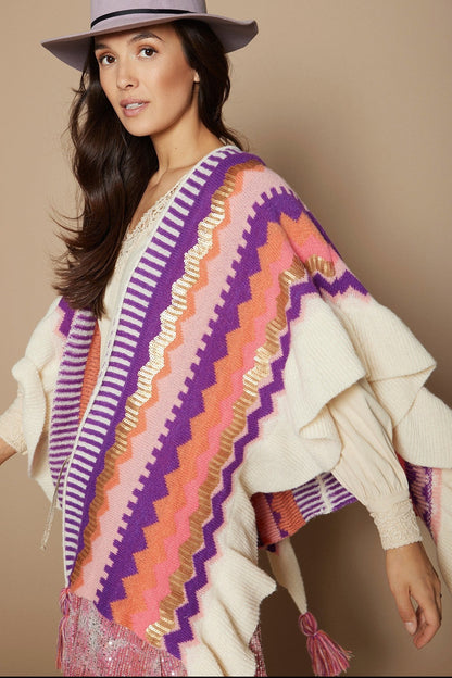 Zigzag knit poncho with sequins