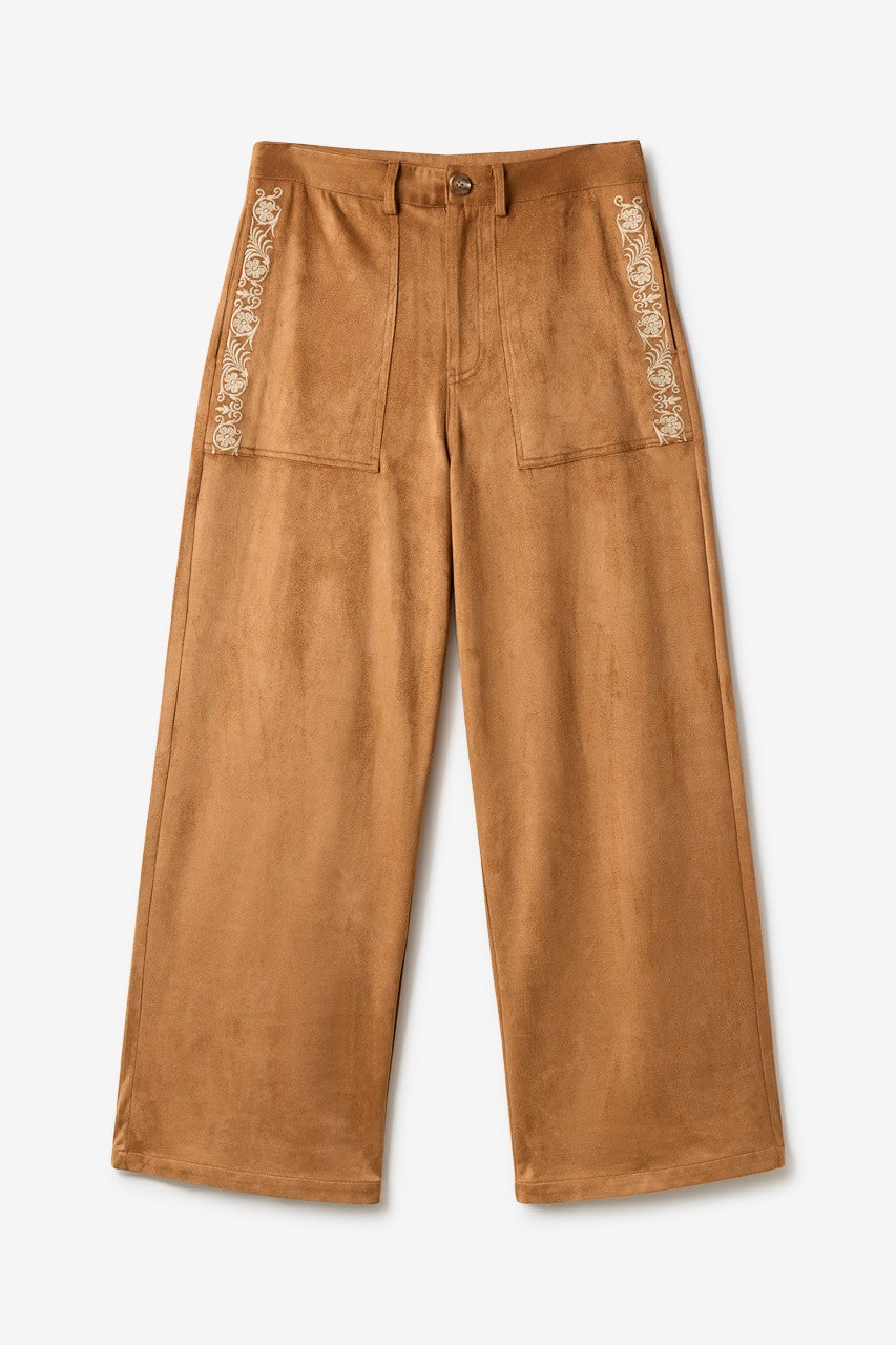 Embroidered suede trousers