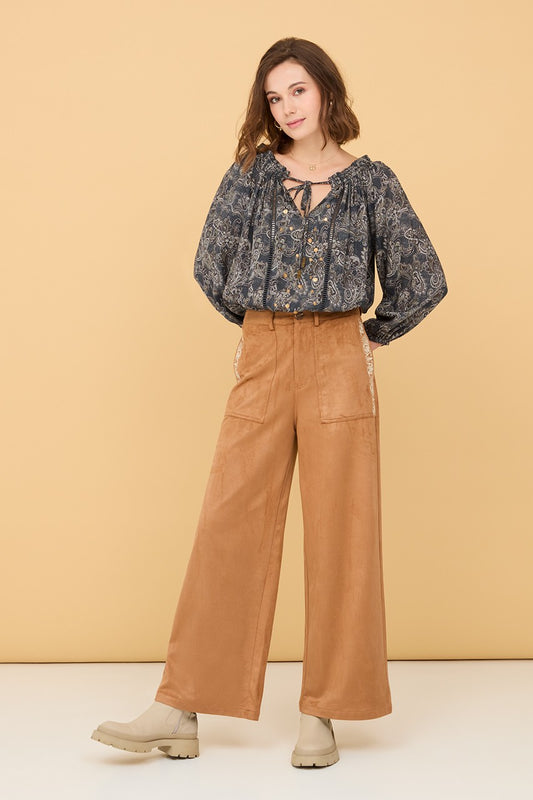 Embroidered suede trousers