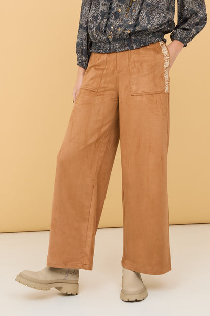 Embroidered suede trousers