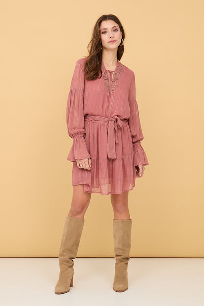 Abito rosa corto con ricami e lurex