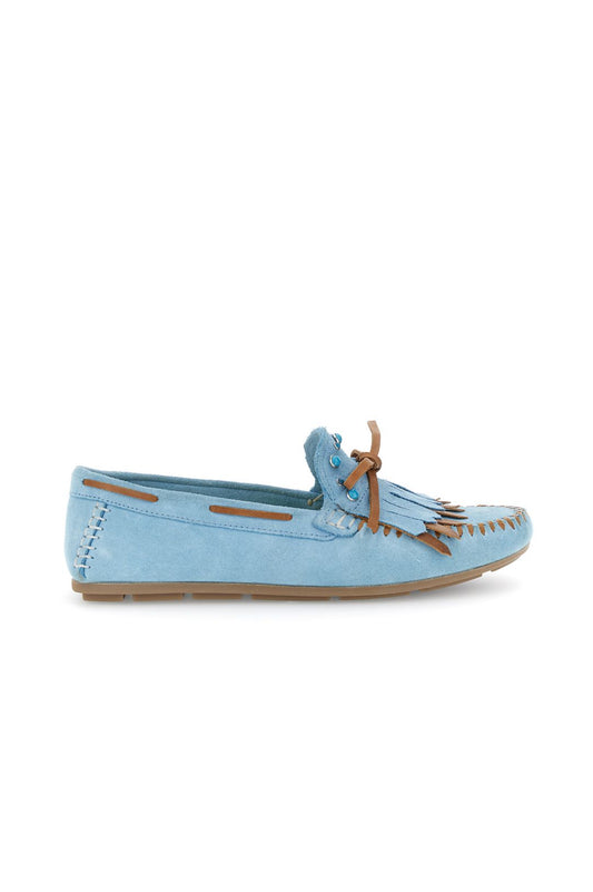Mocassino in pelle scamosciata azzurro con frange