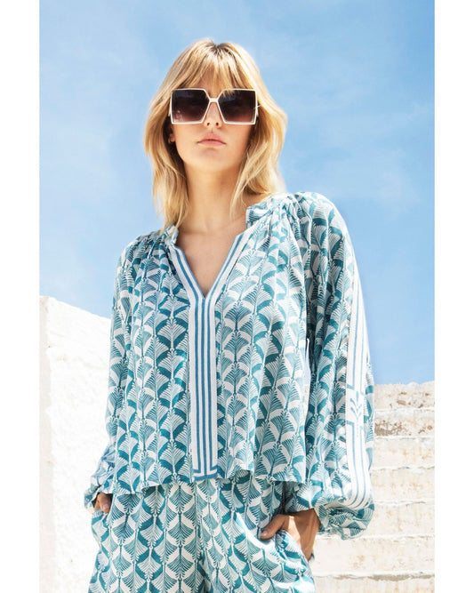 Camicia a fantasia turchese con dettagli in maglia