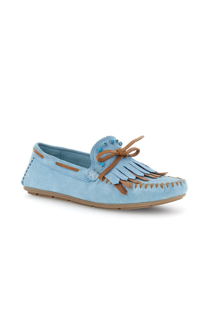 Mocassino in pelle scamosciata azzurro con frange